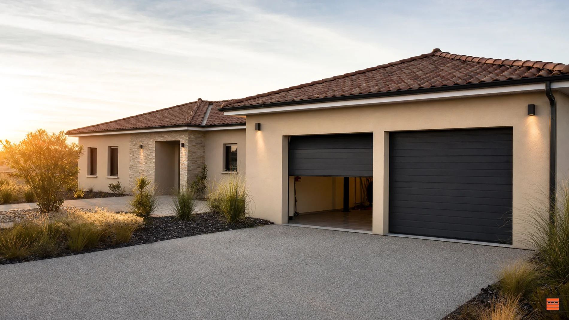 Maison neuve avec deux portes de garage sectionnelles anthracite, l’une relevée